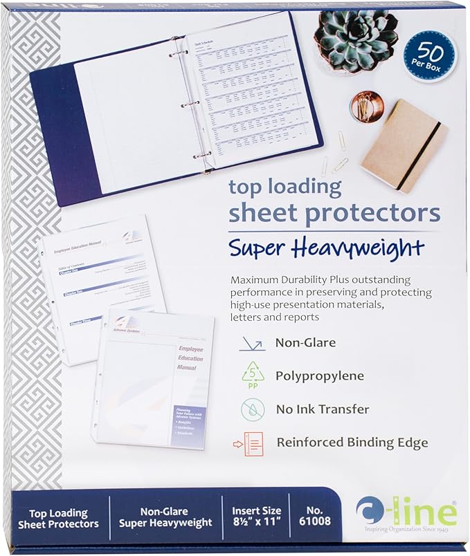 C-Line Top Loading Super Heavyweight Poly Sheet Protectors, Non-Glare, 11 x 8.5 Inches, 50 per Box (61008)