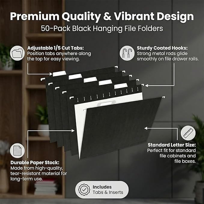 Black Hanging File Folders,50 Packs Letter Size File Folder,Designed for Bulky Files,Filing Cabinet,1/5 Adjustable Tabs for Office,School,Home