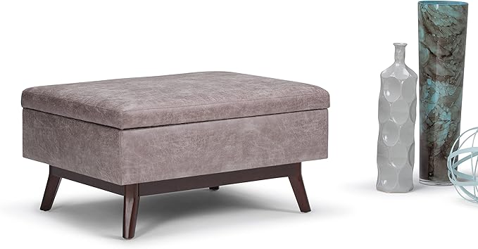 SIMPLIHOME Owen Coffee Table Storage Ottoman - 34 inch Wide Upholstered Vegan Leather Rectangular Lift-Top Ottoman in Distressed Grey Taupe, Mid-Century Modern Bench for Living Room with Tapered Legs