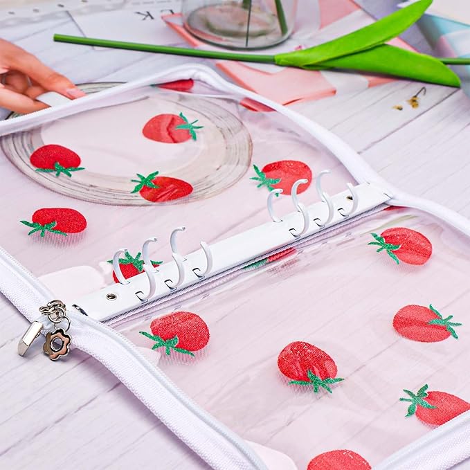 AxeWoodz White A5 Zipper Binder Clear Refillable Notebook Shell Cute Strawberry Lace Cover 6 Ring PVC Binder Cover for Photocard Planner Journal Photo Album
