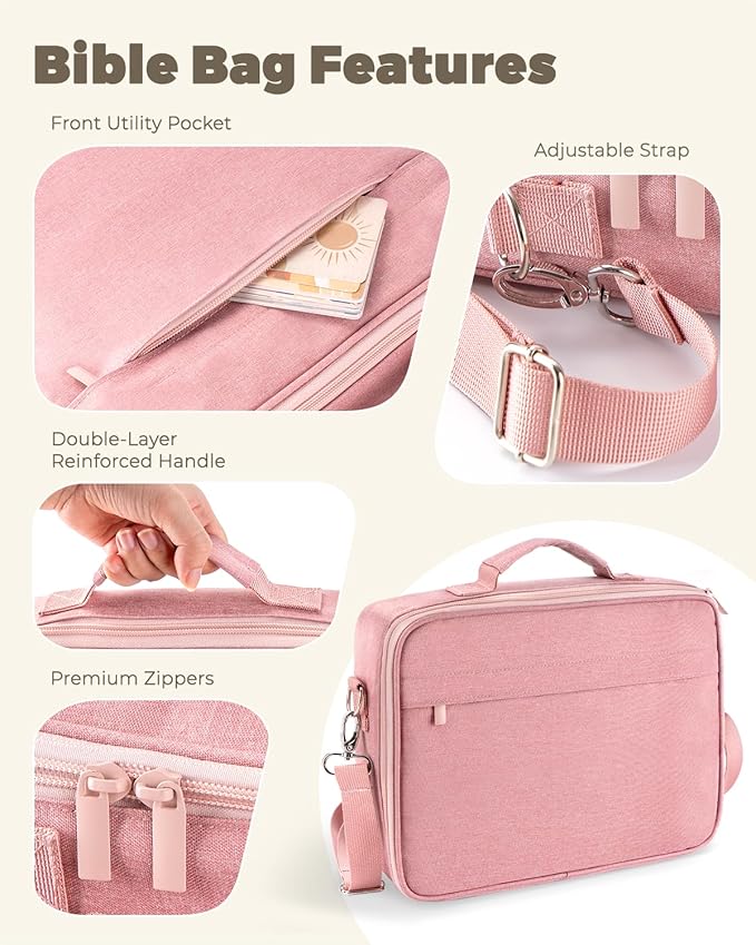 WEMATE Large Capacity Bible Cover Case, Waterproof Study Supplies Tote Bag with Double-Layer Handle & Shoulder Strap, Bag for Women, Girls, Teens, and Christian (Pink)
