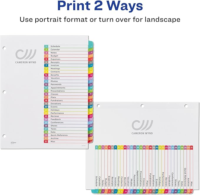 Avery 1-31 Dividers for 3 Ring Binders, 31 Tabs per Set, Customizable Table of Contents, Multicolor Arched Tabs, Great for Organizing Reports, Projects, and More (11846)