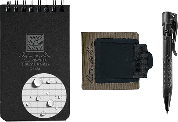 Rite in The Rain All-Weather Monsoon Adhesive Pen and Card Holder Kit, Black 3” x 5” Top-Spiral Notebook, and All-Weather Black Bolt-Action Pen (No. PH2-KIT)
