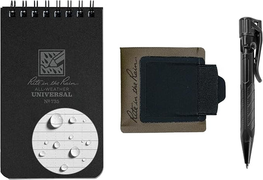 Rite in The Rain All-Weather Monsoon Adhesive Pen and Card Holder Kit, Black 3” x 5” Top-Spiral Notebook, and All-Weather Black Bolt-Action Pen (No. PH2-KIT)