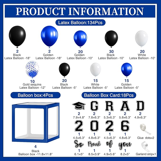 2026 Graduation Decorations, Blue Graduation Decorations 2026 Arch Kit Boxes With Letters 2026 Grad for Middle School High School College ect.