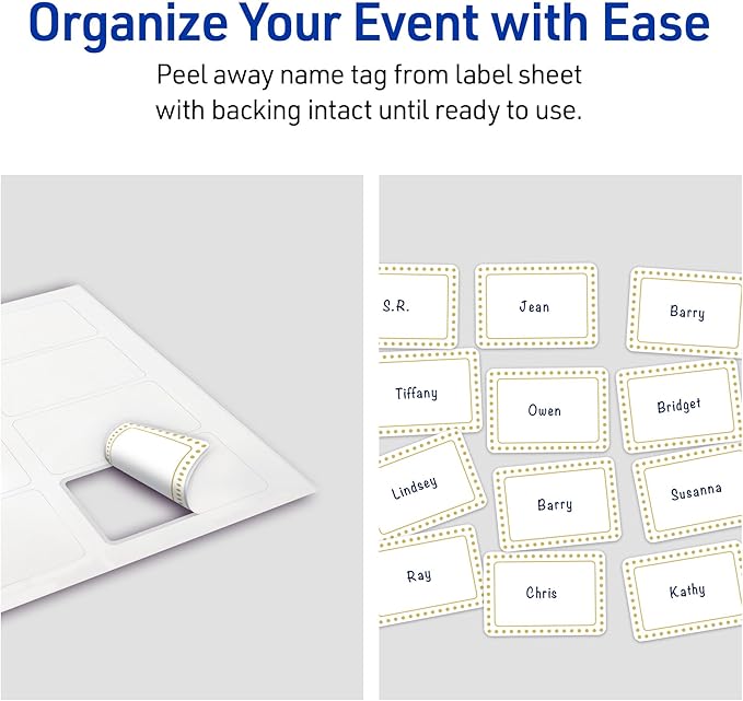 Avery Printable Rectangle Adhesive Name Tags, Gold Border Gold Dots Design, 2-1/3" x 3-3/8", Matte White Removable Name Tags, Laser/Inkjet, 80 Total, Great for Name Badges
