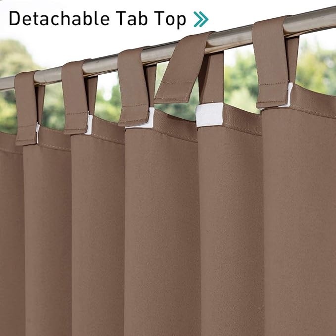 NICETOWN 2 Pieces Outdoor Curtainss for Patio Waterproof Sticky Tab Top, 84 x L108 Extra Wide and Long Blackout Door Blinds Safe Public Dividers Thermal Insulated for Pavilion/Pergola, Tan