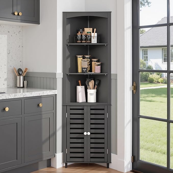 VECELO Tall Corner Cabinet, 68.8'' Storage Cabinet with Doors and Adjustable Shelves, for Living Room, Bathroom, Kitchen, Grey