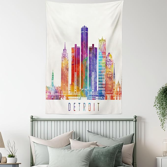 Ambesonne Detroit Tapestry Twin Size, Vibrant Colored Abstract Skyscrapers Modern Architecture Watercolor Style Landmarks, Wall Hanging Bedspread Bed Cover Wall Decor, 68" X 88", Ivory