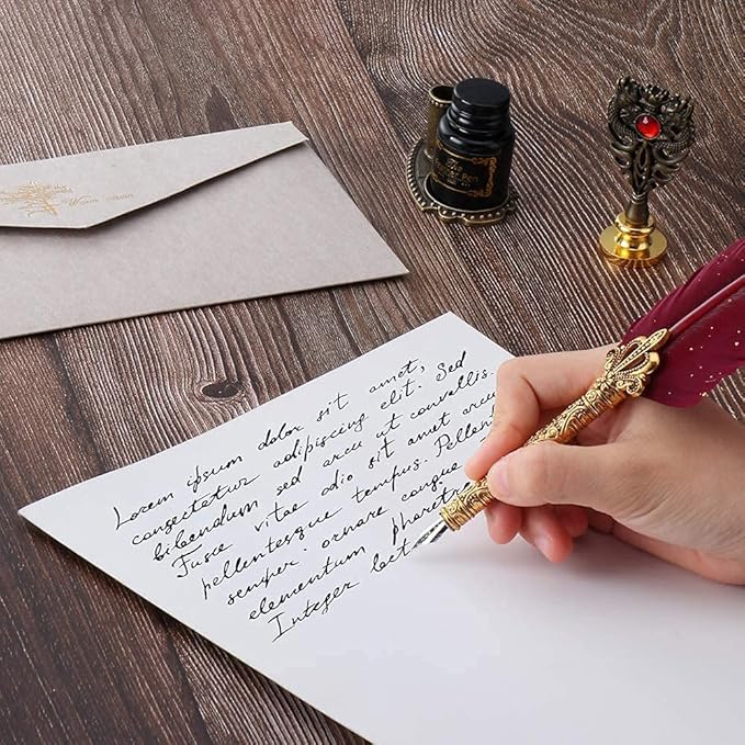 Quill Pen and Ink Set - Feather Calligraphy Dip Fountain Pen with Wax Seal Stamp Kit and 5 Nibs (Red)