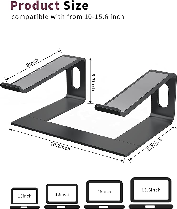 ALASHI Laptop Stand for Desk, Aluminum Computer Riser, Ergonomic Notebook Holder, Detachable Metal Laptops Elevator, PC Cooling Mount Support 10 to 15.6 Inches Notebook, Black