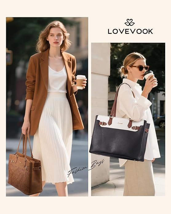 LOVEVOOK Laptop Tote Bag for Women Work, Teacher Tote Bag with Large Cup Holder, 15.6 Inch Waterproof Leather Computer Bag