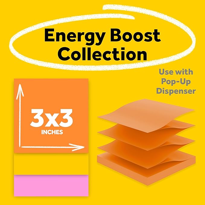 Post-it Super Sticky Dispenser Pop-up Notes, 6 Sticky Note Pads, 3 x 3 in., 2X The Sticking Power, New Year Organization or Second Semester School Supplies, Energy Boost Collection