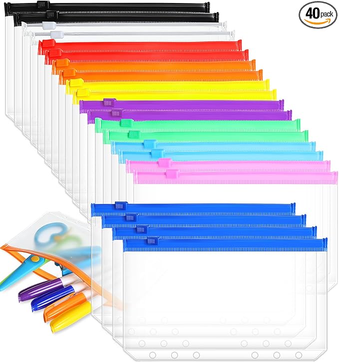 40 Pieces 6 Ring Binder Zipper Pouch, 6 Hole Binder Pockets with Zipper Bulk Folders A6 Plastic Pouch Colorful Loose Leaf Bags Waterproof PVC Document Filing Bag