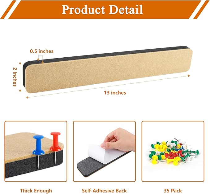8Pcs Rectangle Felt Cork Board Bar Strips with 35 Pushpins, Self-Adhesive Bulletin Board Strips for Office School Home Wall Decor Stickers Memos Schedules Photos Display -Deep Camel