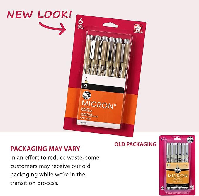 SAKURA Pigma Micron Fineliner Pens, 01 Tip Size, Archival Black Ink, 6 PK 50035