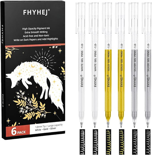 Fhyhej Gold Silver White Gel Pens,1.0mm Fine Point Gel Ink Pen Archival Ink Pens for Black Paper Drawing, Sketching, Illustration, Card Making, Bullet Journaling, 6 Pack