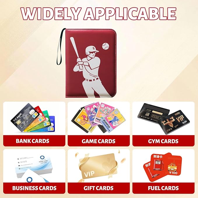 Trading Card Binder 4-Pocket Baseball Design Card Album with 50 Removable Sleeves, Holds 400 Cards, Sports & Game Collectible Card Holde