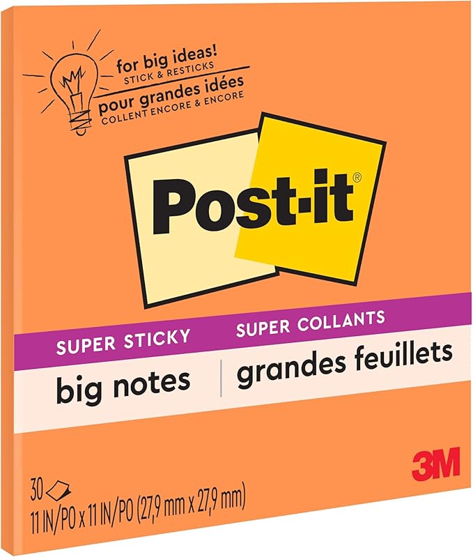 Post-it Super Sticky Big Notes, 11 in x 11 in, 1 Pad, 2X The Sticking Power, Neon Orange (BN11O)