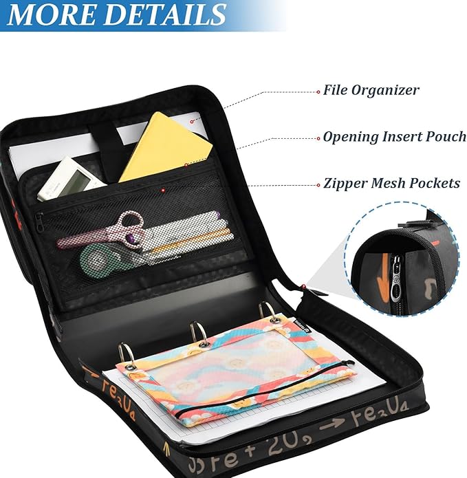 Science Chemistry Laboratory Zipper Binder Bag 3 Ring Binder with Shoulder Strap Zip Up 500 Sheets Capacity Multi Pockets for School Office Supplies