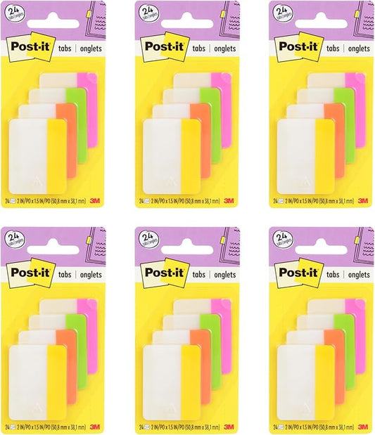 Post-it Dividing Tabs, 2 in. x 1.5 in. (50.8 mm x 38 mm), Durable, Writable & Repositionable for File Folders/Binders, Solid Assorted Bright Colors, 6-Pack (144 Tabs Total)