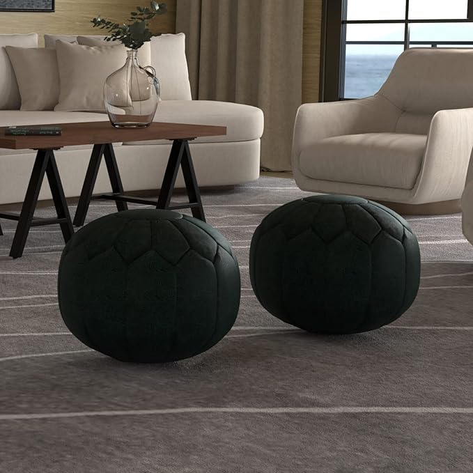 SIMPLIHOME Drury Boho Round Pouf in Teal Patterened Genuine Leather for the Living Room, Bedroom and Kids Room