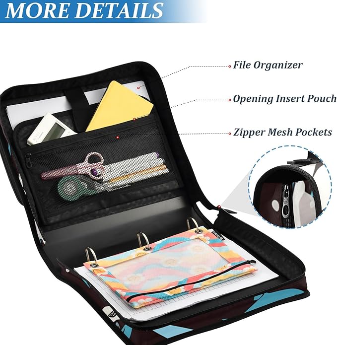Shark Blue Ocean Black Zipper Binder Bag 3 Ring Binder with Shoulder Strap Zip Up 500 Sheets Capacity Multi Pockets for School Office Supplies
