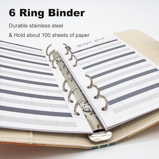 A6 Refillable 6 Ring Faux Leather Budget Binder,Mini Notebook Binder Cover for A6 Filler Paper,Loose Leaf Personal Planner Cover with Magnetic Buckle Closure (White Leaves)