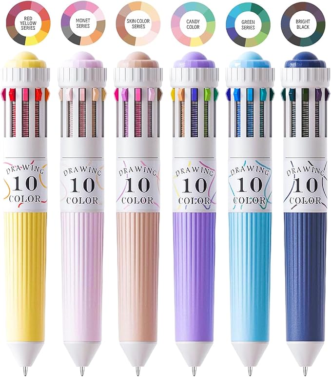 60 Colors Multicolor Pen in one, 6Pcs 10-in-1 Retractable Colored Ballpoint Pens for Office, Back to School Supplies