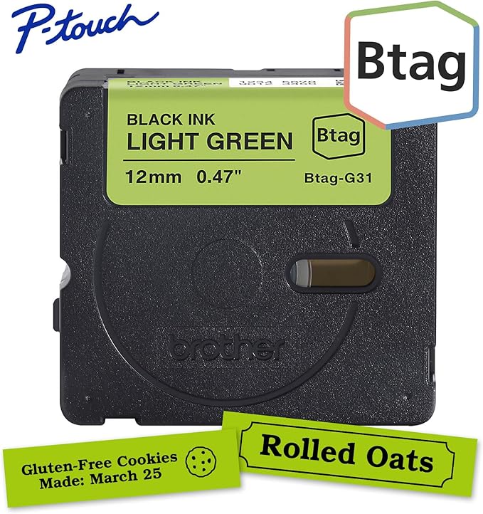 Brother Genuine P-Touch Btag BTAGG31 Black on Light Green Label Tape ~1/2in by 13.1ft (12mm x 4m). (Works Only with Brother PT-N10, PT-N20, PT-N25BT Label Makers)