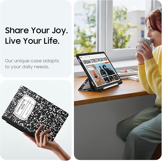 Fintie Hybrid Slim Case for Samsung Galaxy Tab S10 Lite/ S10 FE/ S9 FE 10.9 Inch/Tab S9 11 Inch with S Pen Holder, Shockproof Cover with Clear Transparent Back Shell, Auto Wake/Sleep, Composition Book