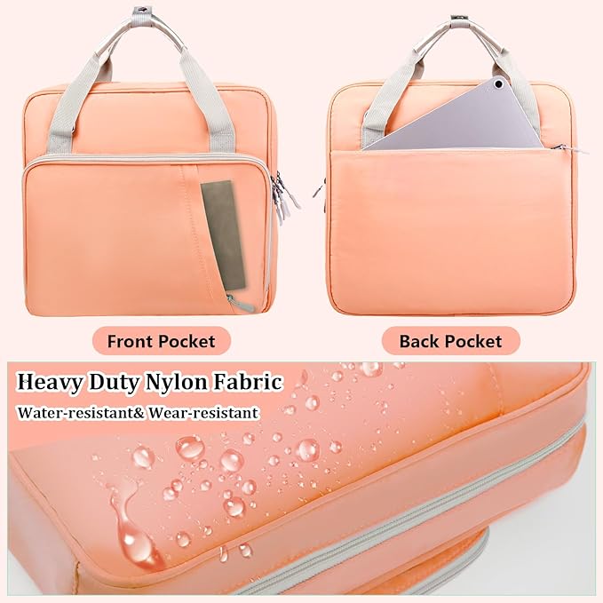 3 Ring Zipper Binder Bag 2 Inch with Shoulder Strap, Waterproof Nylon Binder with Zipper for 500 Sheet Capacity, Multi-Pocket Portfolio Organizer Case for 13 Inch Laptop Middle School (Peach)