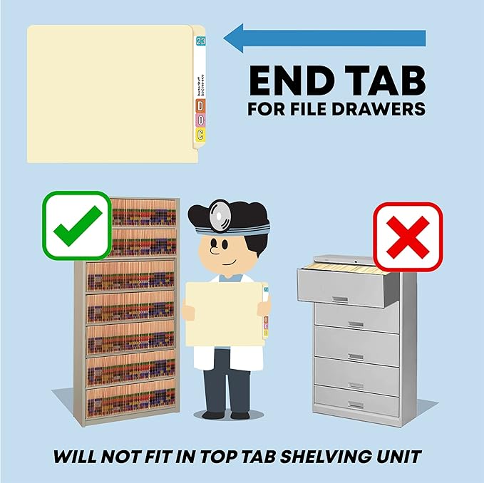 Manila File Folders, Doctor Stuff, Manila Letter Size Reinforced End Tab Folders with 2” Bonded Fastener on Inside Back in Position 5, 14 pt Manila Stock, Carton of 250
