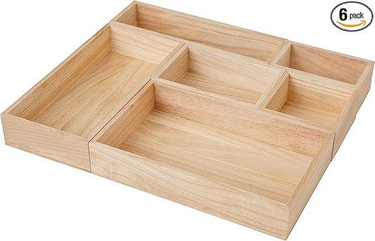 Martha Stewart Enzo Wooden Desk Drawer Organizer Set, Paulownia Wood Organizers in Various Sizes, 6 Piece, Light Natural