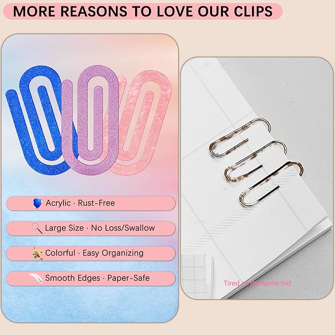 24 Pcs Jumbo Acrylic Paper Clips, 4"x2" Large Plastic Paper Clips, Bright Colors, Classroom & Office Supplies, Back to School Gifts for Students & Teachers, Desk Org & DIY Charms & Accents & Bookmarks