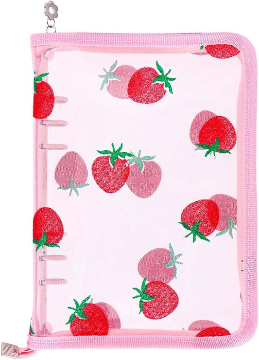 AxeWoodz Pink A5 Zipper Binder Clear Refillable Notebook Shell Cute Strawberry Lace Cover 6 Ring PVC Binder Cover for Photocard Planner Journal Photo Album