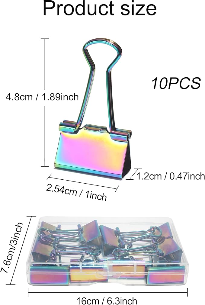 10 Pcs Rainbow Paper Clamps,Medium Binder Clips, 1 Inch Length for Office Use, Organize Files and Folders