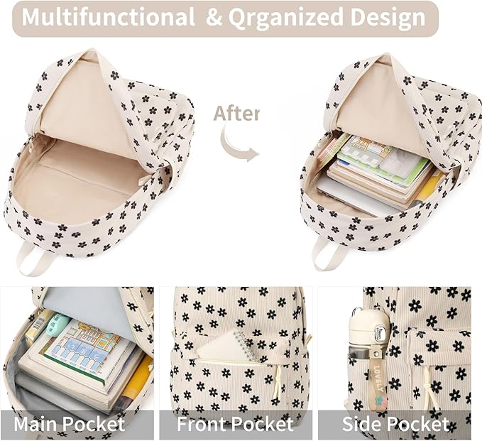 Backpack for Girls Boy Teen Corduroy Bookbags Elementary Middle High School Women Laptop Bag with Lunch Box Pencil Bag (Flower Black)