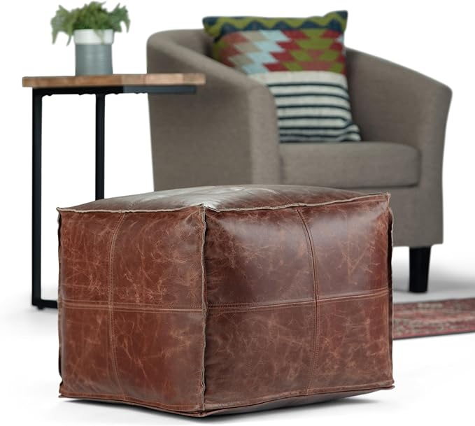 SIMPLIHOME Sheffield Square Pouf - 18 inch Wide Genuine Leather Ottoman in Brown, Boho-Style Footrest, Extra Seating, or Accent Piece for Living Room or Bedroom, Assembled