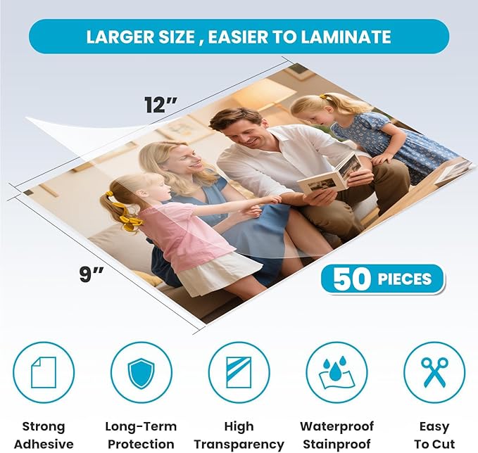 T&W SAME FILM 50 Pack Self Adhesive Laminating Sheets, Holds 8.5 x 11 Inch Laminate Paper, 9 x 12 Inch Lamination, Letter Size, Thermal Laminating Sheets, Self Sealing