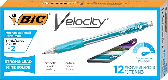 BIC Velocity Strong Lead Mechanical Pencils, With Colorful Barrel, Thick Point (0.9mm), 12-Count Pack Mechanical Pencils With Erasers