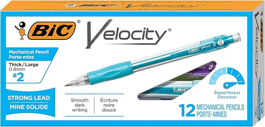 BIC Velocity Strong Lead Mechanical Pencils, With Colorful Barrel, Thick Point (0.9mm), 12-Count Pack Mechanical Pencils With Erasers