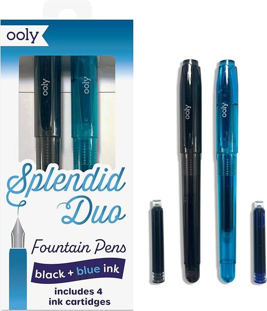 Ooly Splendid Duo Fountain Pens: Black & Blue Inks - Set of 2 Pens & 4 Cartridges, School Supplies