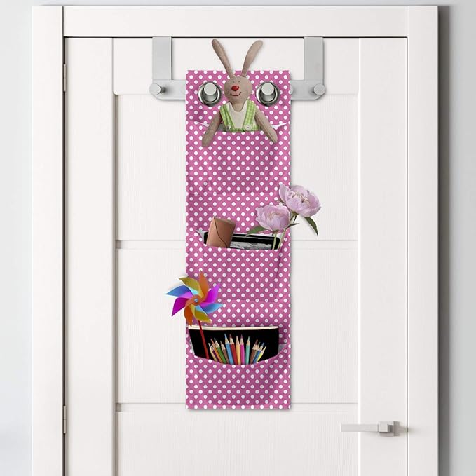 Ambesonne Pink Polka Dots Hanging Pocket Organizer, Rose Background with Mini Geometric Details Adjacently Victorian Design, Printed Polyester Storage Bag with Pockets, 9" x 27", Pink and White