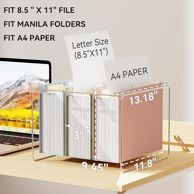 Ansook Letter Size Hanging File Folders Extra Capacity,3" Expansion Plastic Hang Folders for Filing Cabinet,Assorted Colors,12 Pack File Folders Hanging with Tabs,Office School Hanging File Organizer