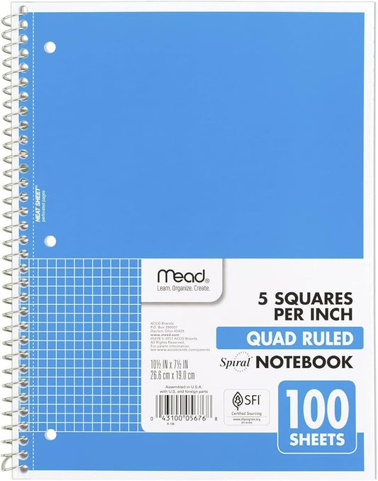 Mead Spiral Notebook, 1 Subject, Graph Ruled Paper, 7-1/2" x 10-1/2", 100 Sheets, Blue (05676AY7)