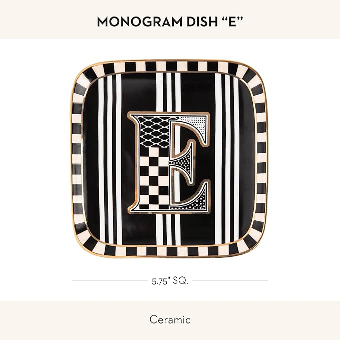 MACKENZIE-CHILDS Monogram Dish, Decorative Ceramic Letter Plate, 5 3/4" Square, E