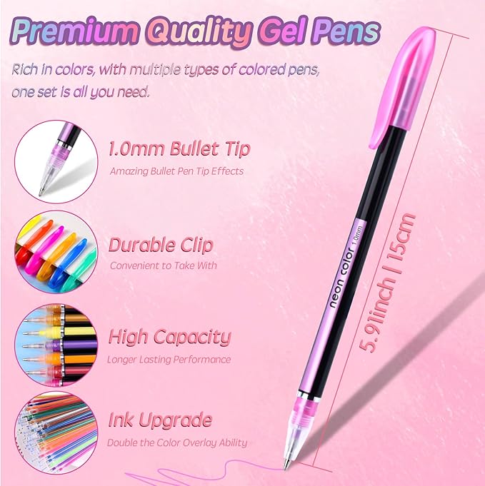 60 Colors Gel Pens Gel Pen Set for Adult Coloring, Metallic Glitter Pens & Gel Ink Pens for Journaling, Drawing, Cute Journal Pens Colored Gel Pens for Black Paper Writing