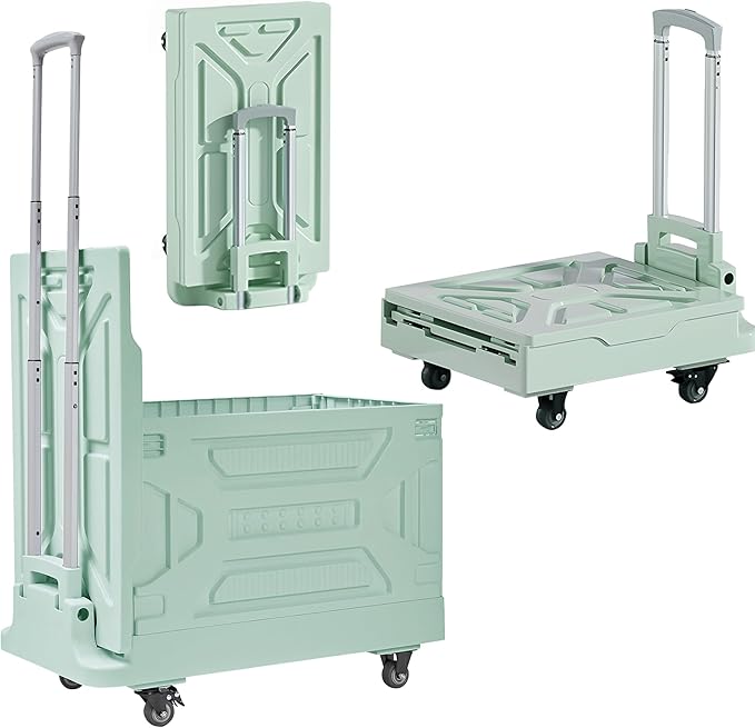 VECELO Foldable Shopping Cart with Wheels, Collapsible Rolling Crate for Groceries, Folding Storage Box with Handle, Three Modes of Use, Ideal for Teacher, Trip, Outdoors, Etc., 23GAL, Green