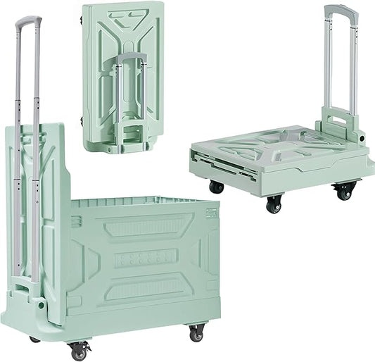 VECELO Foldable Shopping Cart with Wheels, Collapsible Rolling Crate for Groceries, Folding Storage Box with Handle, Three Modes of Use, Ideal for Teacher, Trip, Outdoors, Etc., 23GAL, Green